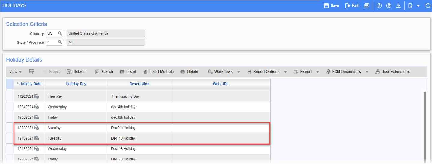 Screenshot Holidays with selected dates.