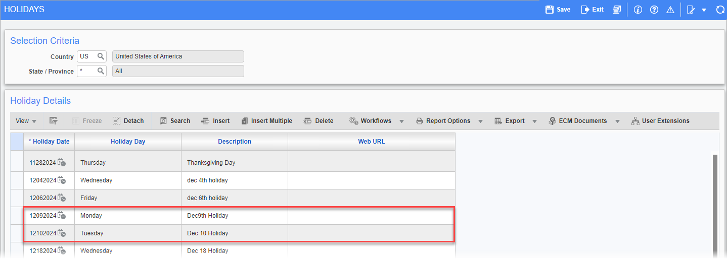 Screenshot of Holidays with selected dates.
