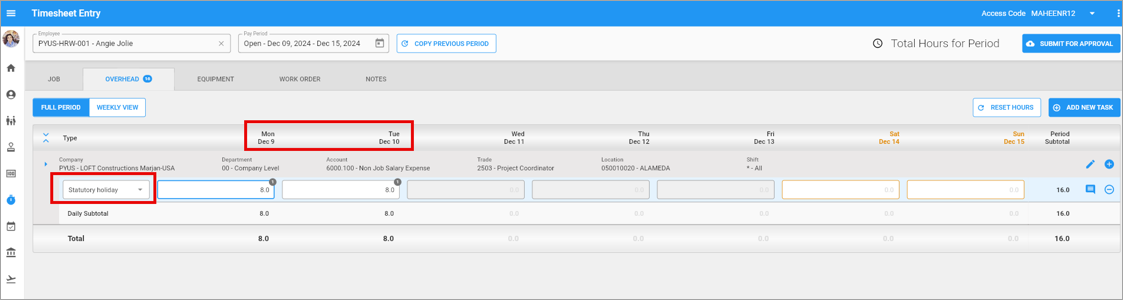 Screenshot of Timesheet Entry.