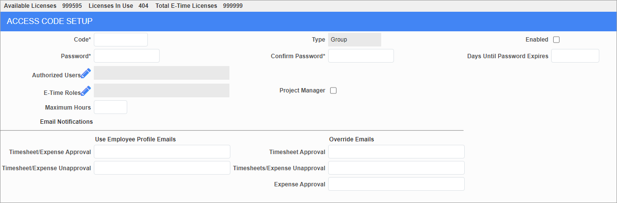 Screenshot of Access Code Setup screen.