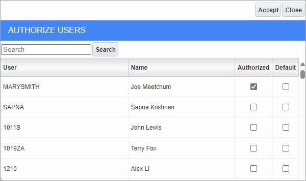 Screenshot of Authorize Users pop-up.