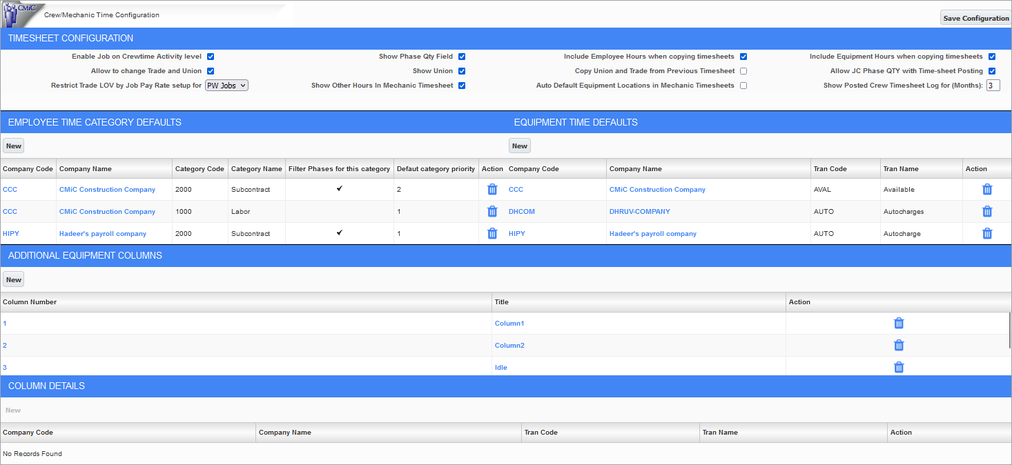 Screenshot of Crew/Mechanic Time Configuration screen.