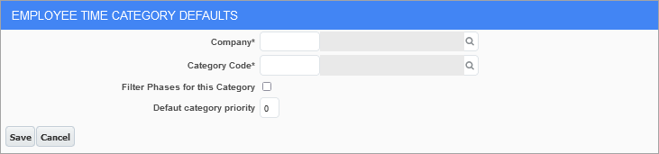 Screenshot of Employee Time Category Defaults section of the screen.