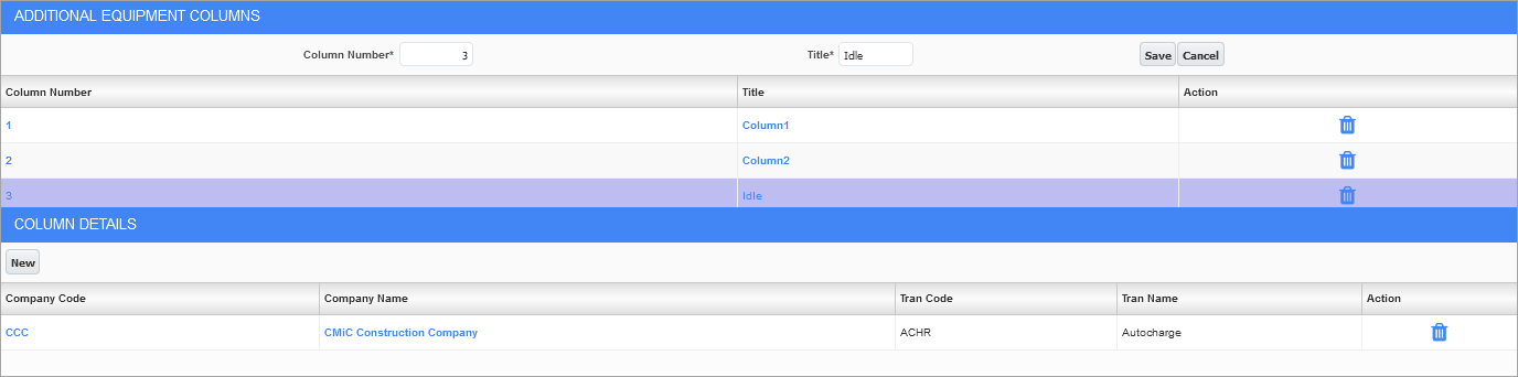 Screenshot of Additional Equipment Columns section of the screen.