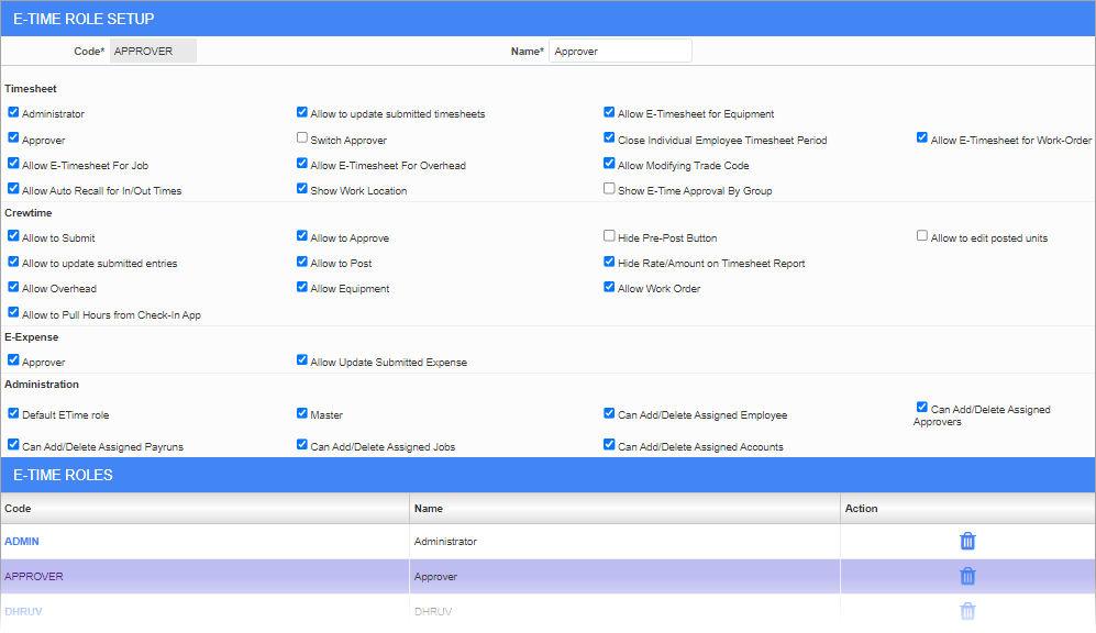 Screenshot of E-Time Role Setup screen.