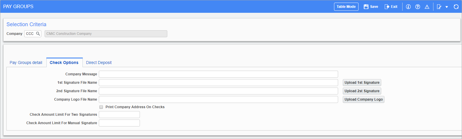 Screenshot of Pay Groups – Check Options tab.