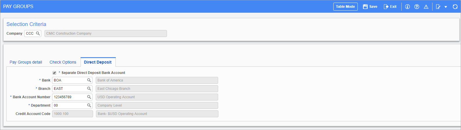Screenshot of Pay Groups – Direct Deposit tab.