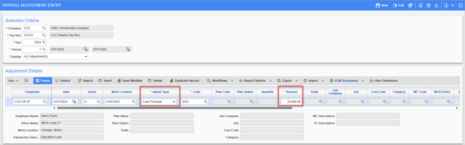 Screenshot of Payroll Adjustment Entry with Adjust Type and Amount fields highlighted.