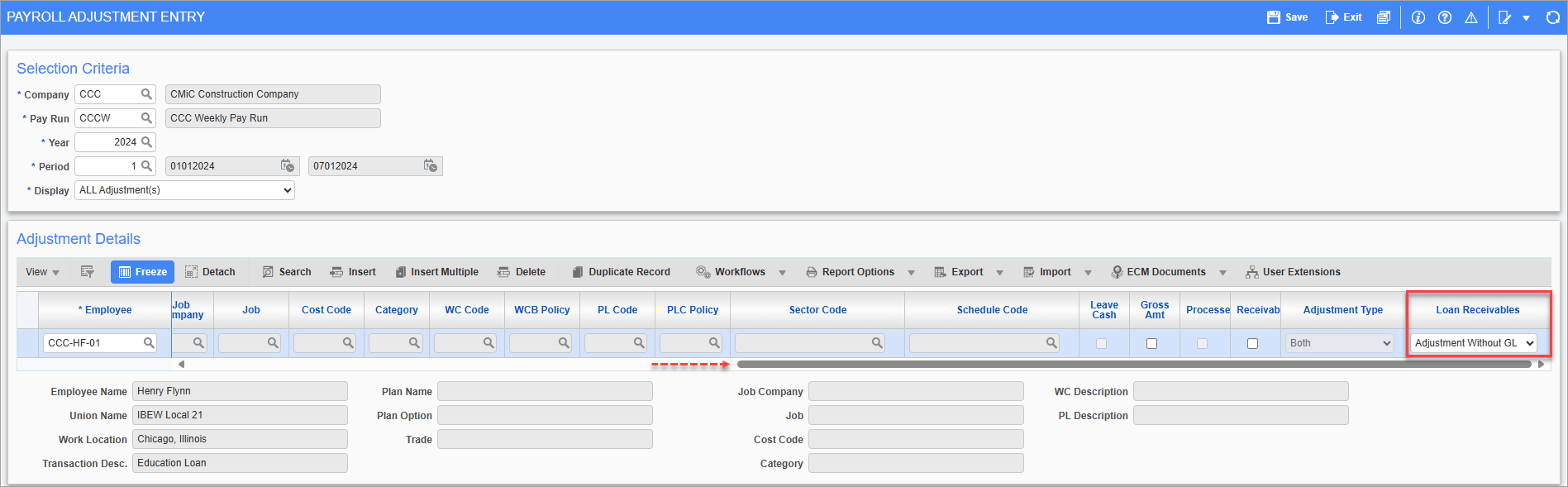 Screenshot of Payroll Adjustment Entry with Loan Receivables highlighted.