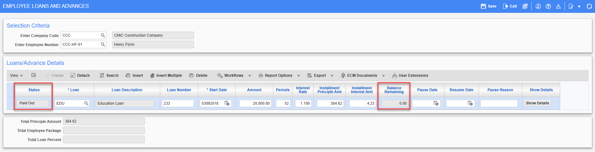 Screenshot of Employee Loans and Advances with Status and Balance Remaining fields highlighted.