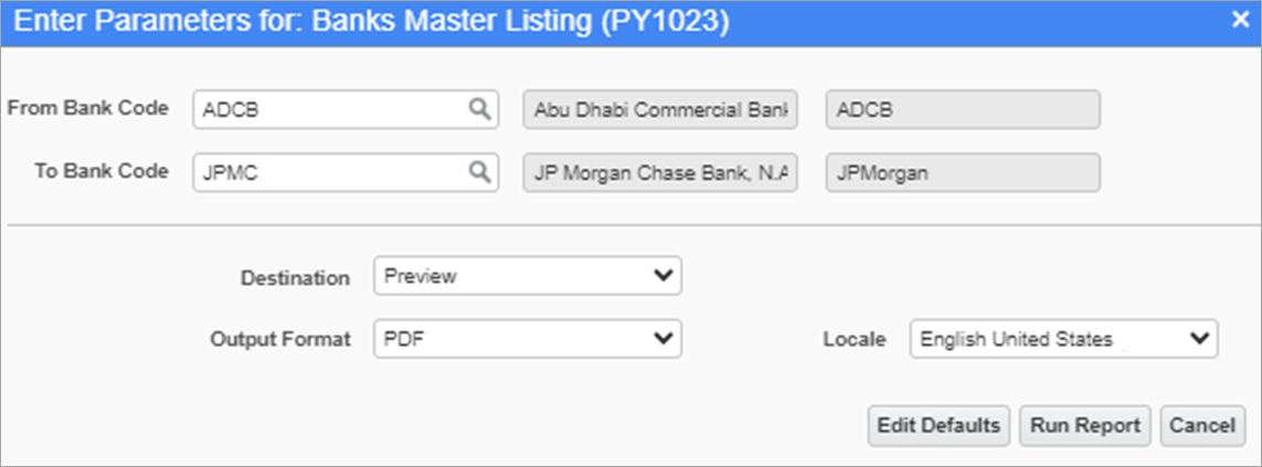 Screenshot of Banks Master Listing parameter screen