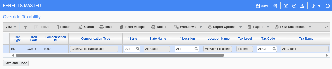 Screenshot of Override Taxability pop-up.