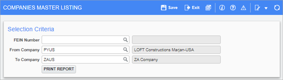 Screenshot of Companies Master Listing parameter screen