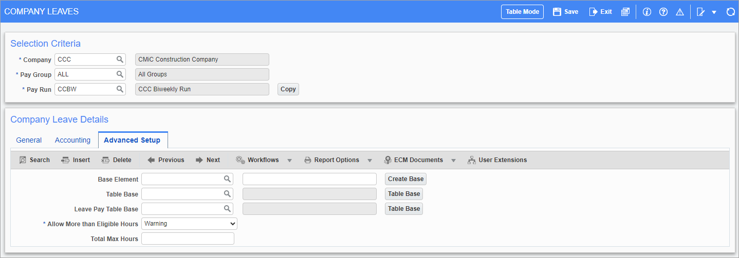 Screenshot of Company Leaves - Advanced Setup tab.