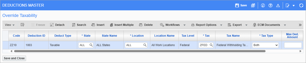 Screenshot of Override Taxability pop-up.