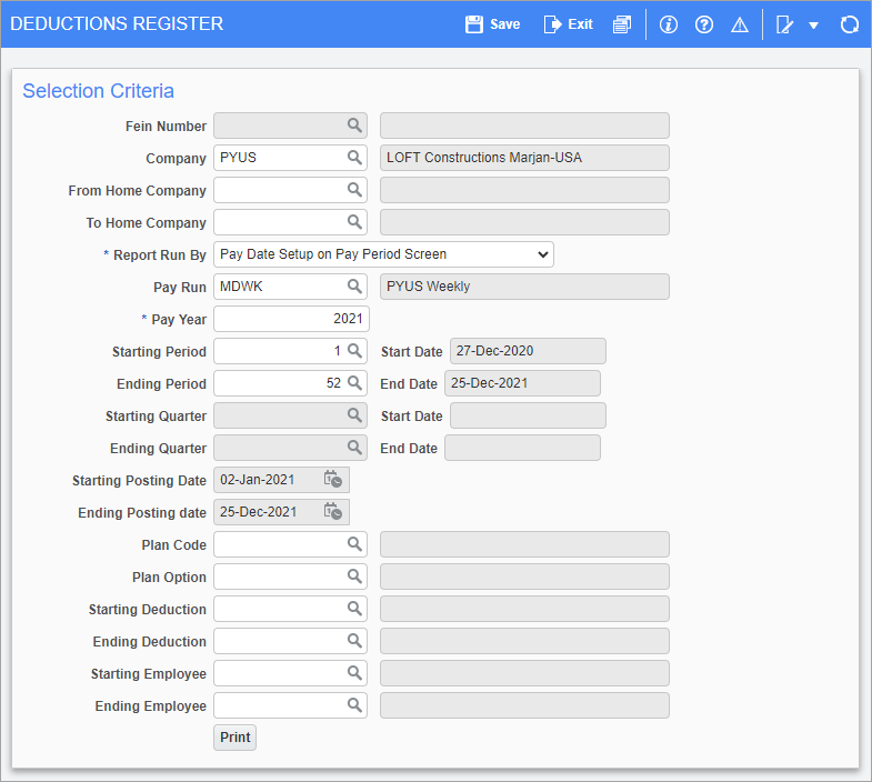 Screenshot of Deductions Register screen
