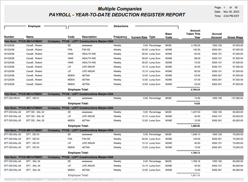 Image of sample Year-to-Date Deduction Register Report