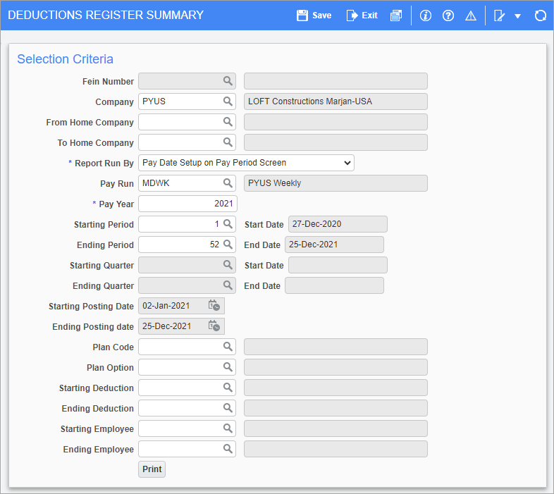 Screenshot of Deductions Register Summary screen
