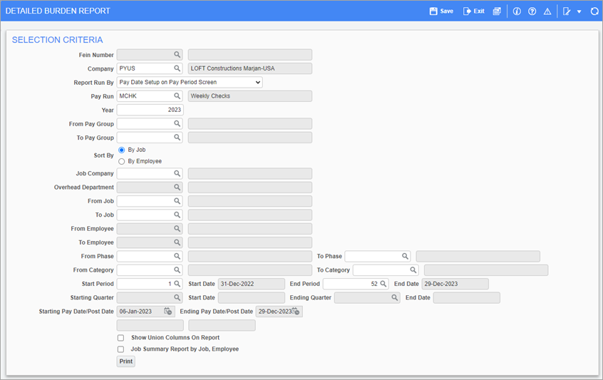 Screenshot of Detailed Burden Report screen