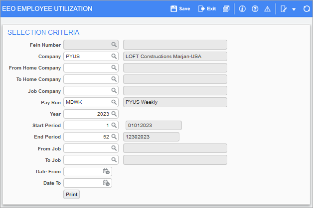 Screenshot of EEO Employee Utilization screen
