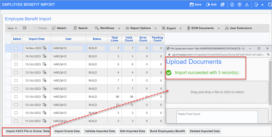 Screenshot of Employee Benefit Import with Upload Document pop-up