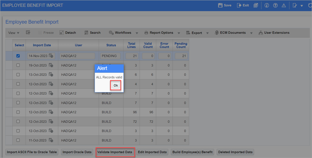 Screenshot of Employee Benefit Import