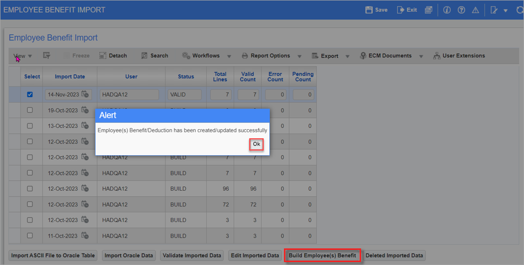 Screenshot of Employee Benefit Import
