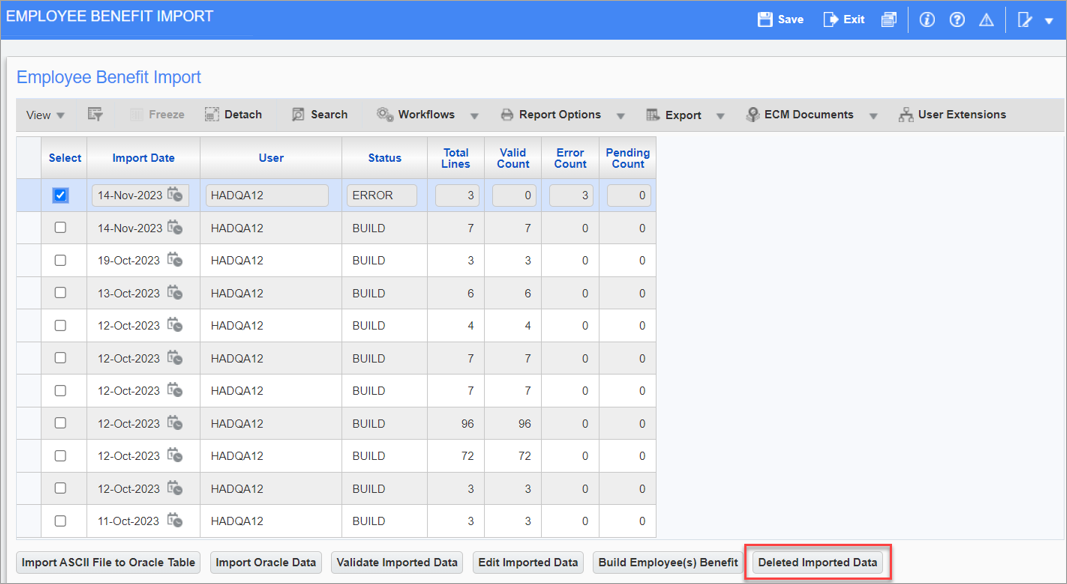 Screenshot of Employee Benefit Import