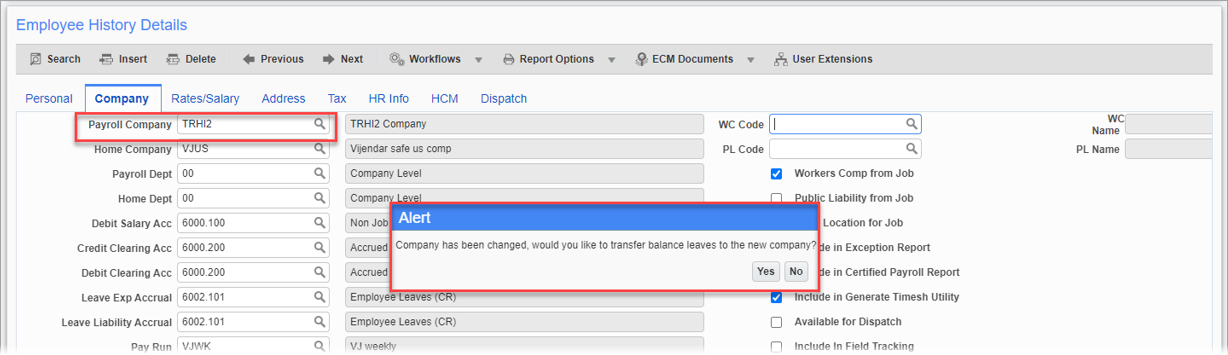 Screenshot of Company tab with confirmation pop-up