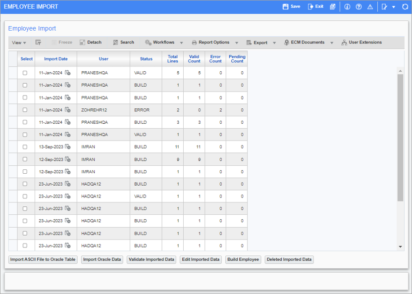 Screenshot of Employee Import screen.