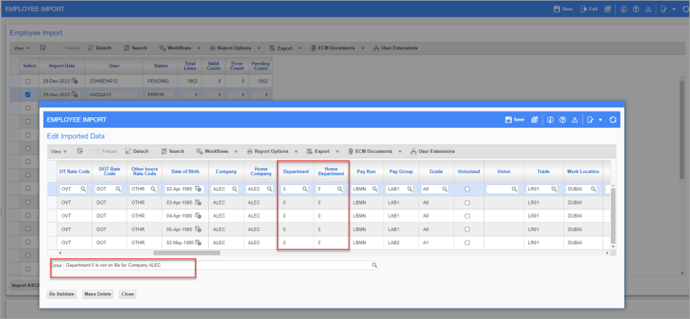 Screenshot of Edit Imported Data pop-up window with an error message being displayed.