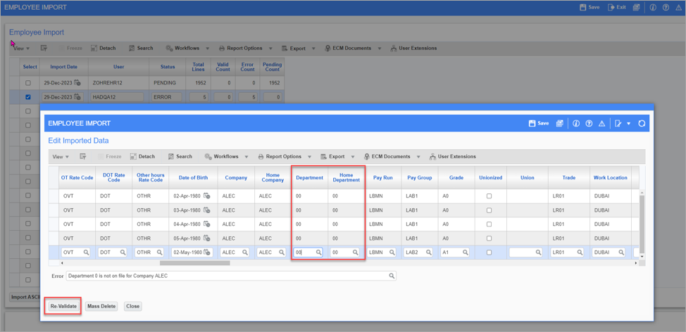 Screenshot of Edit Imported Data pop-up window with [Re-Validate] button highlighted.