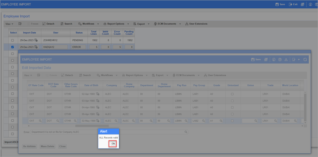 Screenshot of Employee Import screen with Alert pop-up indicating that all records are valid.