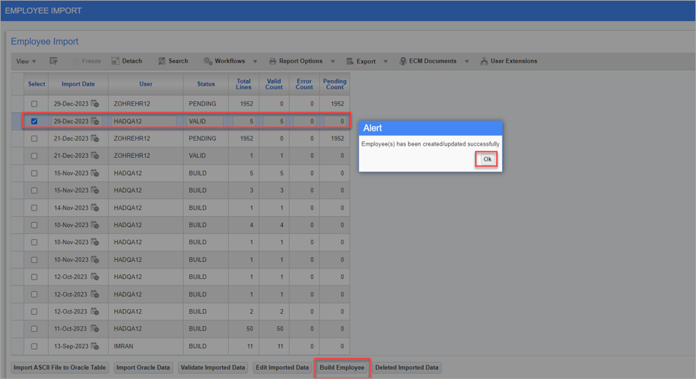 Screenshot of Employee Import screen with Alert pop-up window launched from [Build Employee] button.