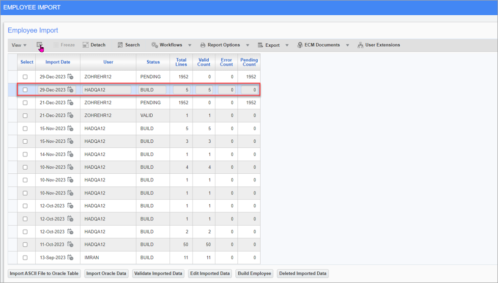 Screenshot of Employee Import screen with record showing "Build" status.