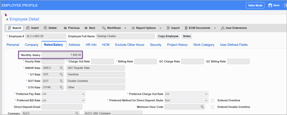 Screenshot of Employee Profile screen.
