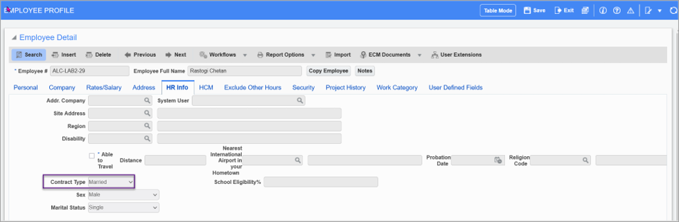 Screenshot of Employee Profile screen.