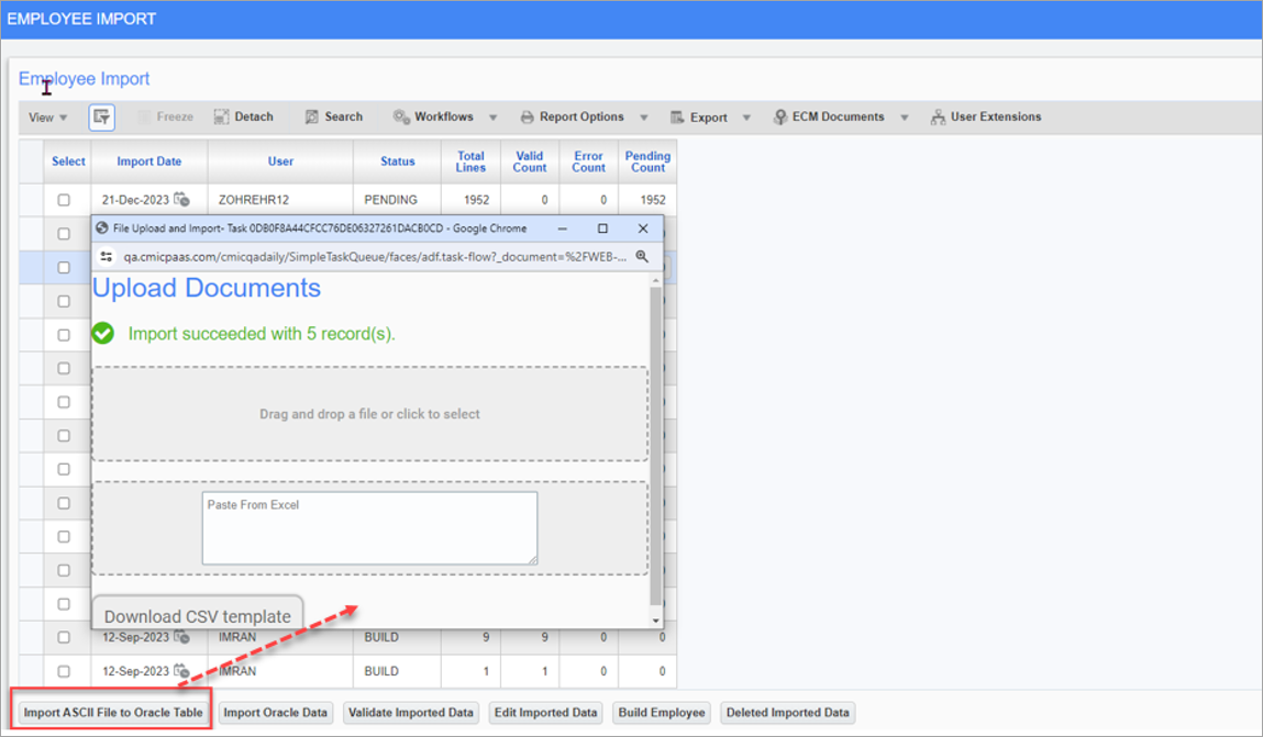 Screenshot of pop-up launched from [Import ASCII to Oracle Table].
