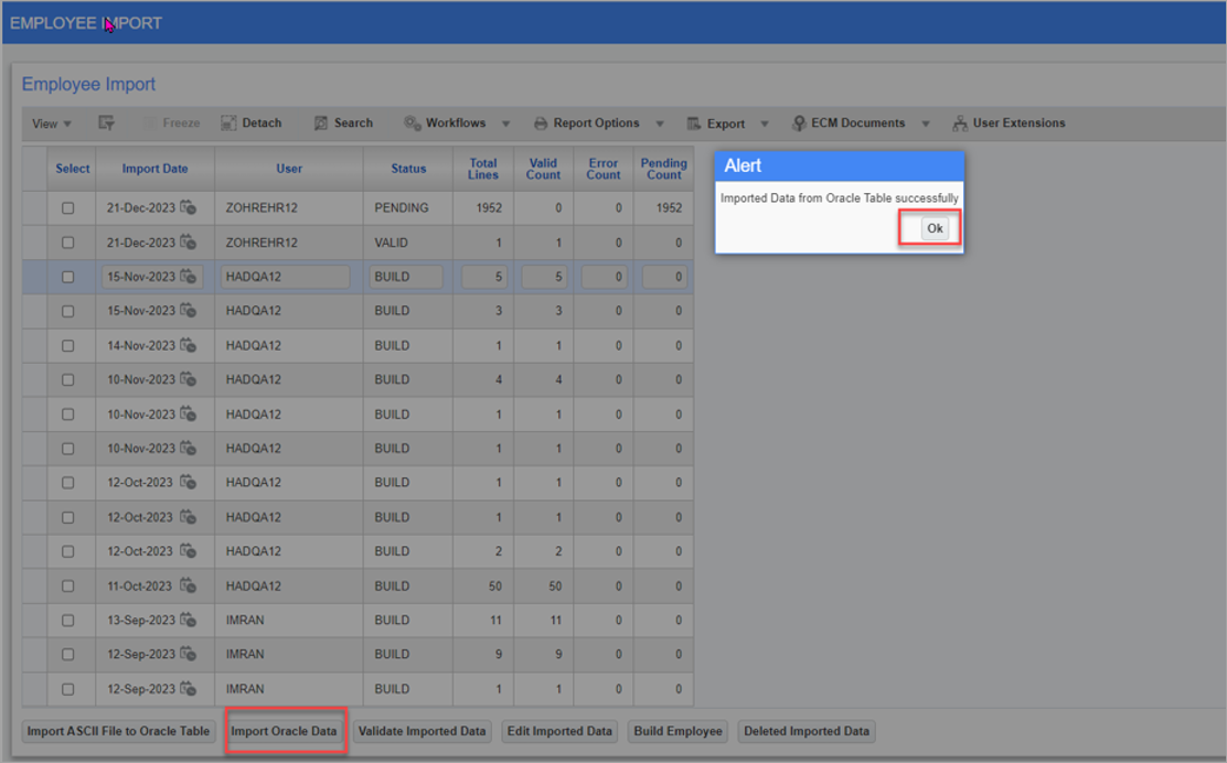 Screenshot of pop-up window launched from [Import Oracle Data].