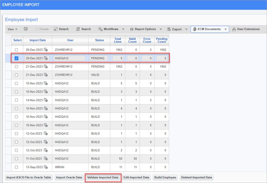 Screenshot of Employee Import screen with record selected and [Validate Employee Data] button highlighted.