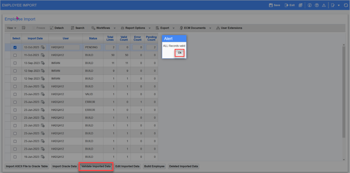 Screenshot of Employee Import screen with Alert pop-up window indicating all records have been validated.
