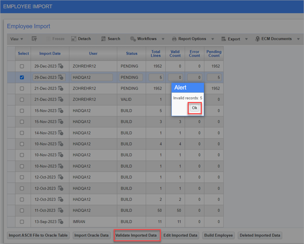 Screenshot of Employee Import screen with Alert pop-up window indicating invalid records.