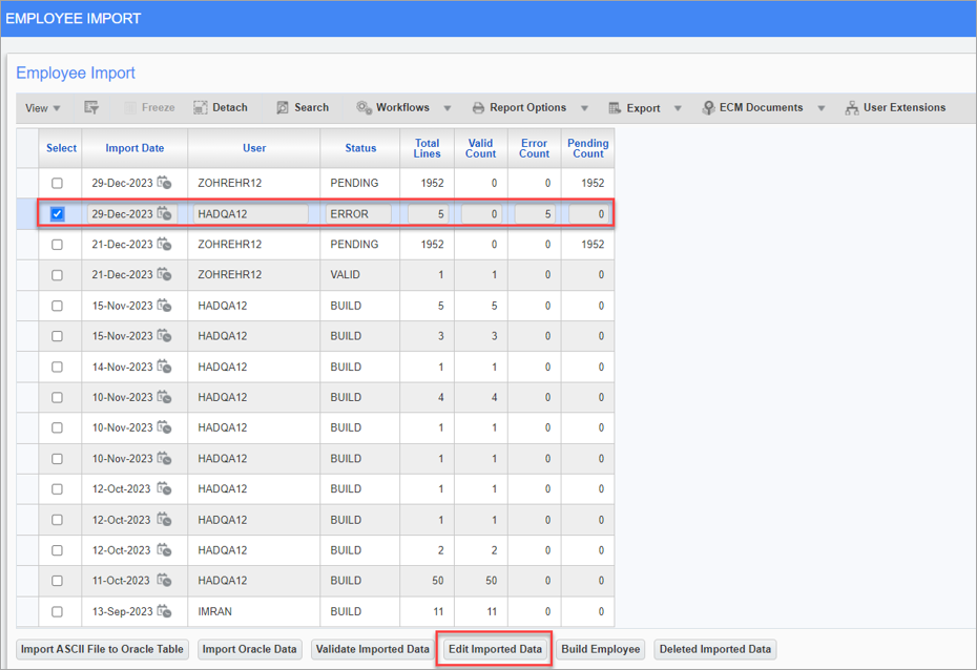 Screenshot of Employee Import screen with invalid record selected and [Edit Imported Data] button highlighted.