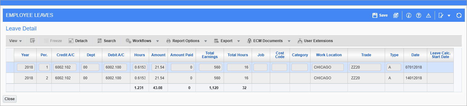 Screenshot of Leave Detail pop-up launched from Employee Leave Maintenance.