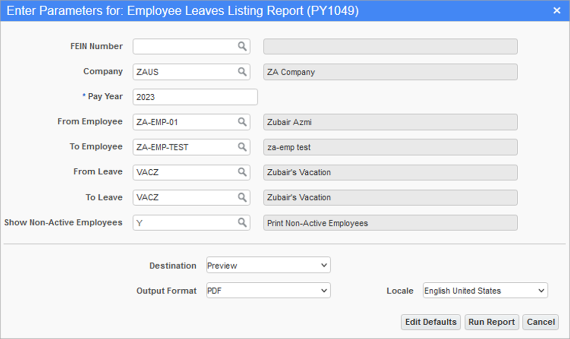 Screenshot of Employee Leaves Listing Report parameter screen