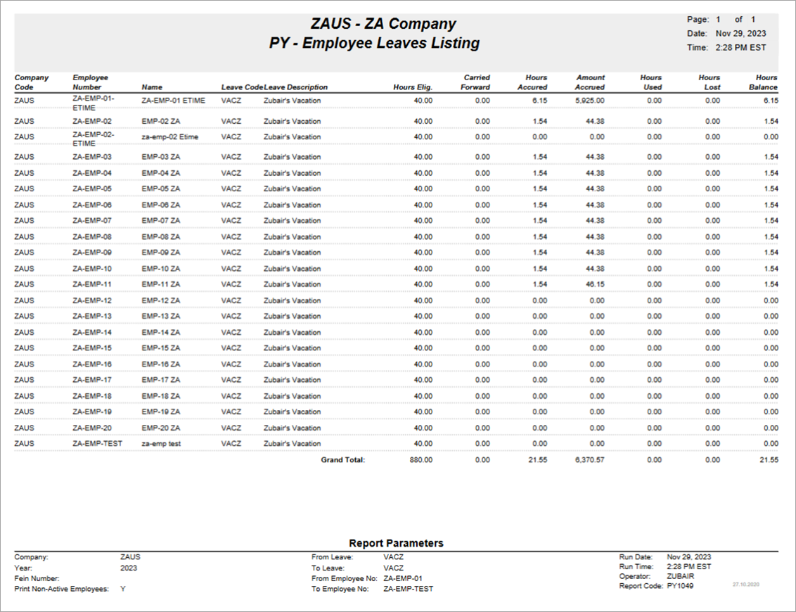 Image of sample Employee Leaves Listing Report