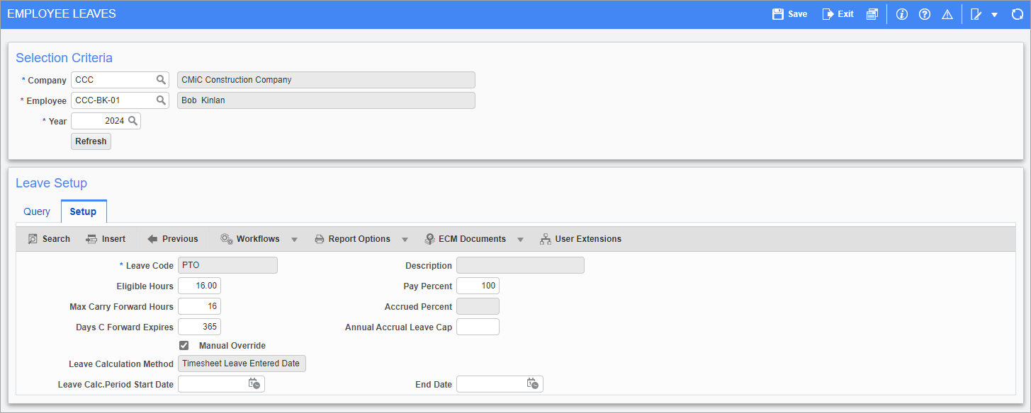 Screenshot of Employee Leaves - Setup tab.