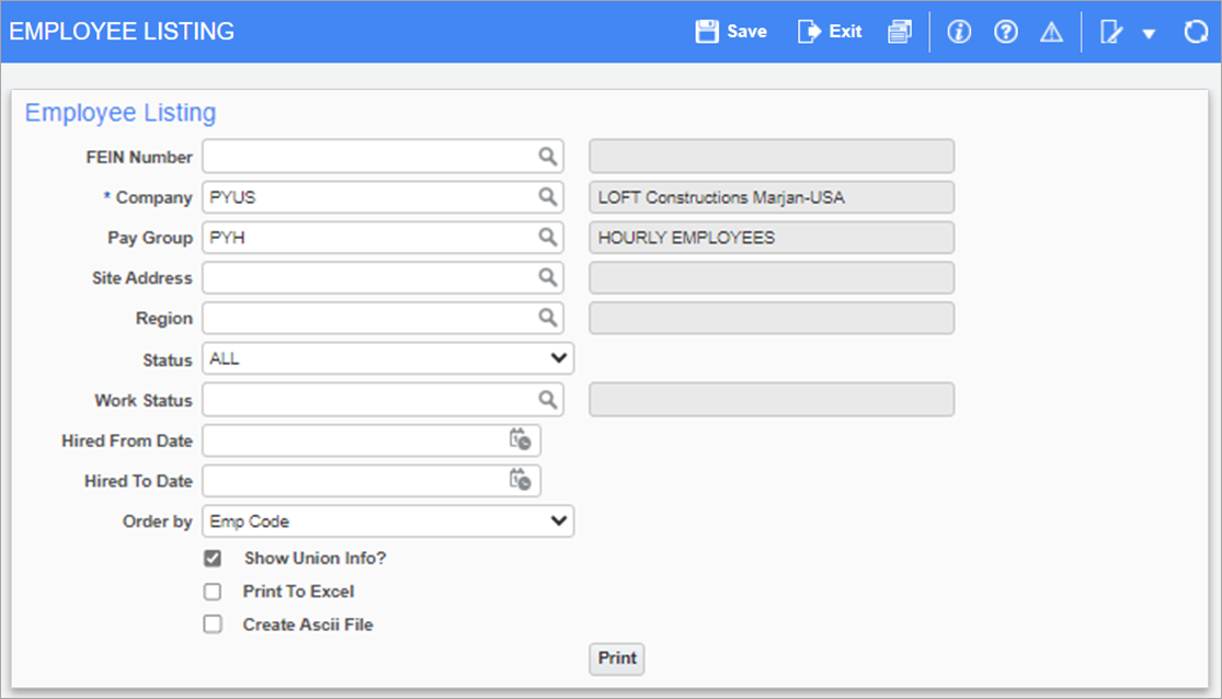 Screenshot of Employee Listing parameter screen