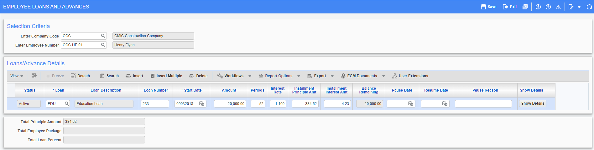 Screenshot of Employee Loans and Advances