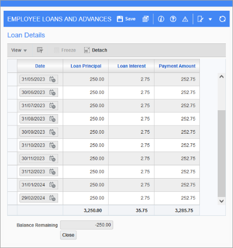 Screenshot of Loan Details pop-up